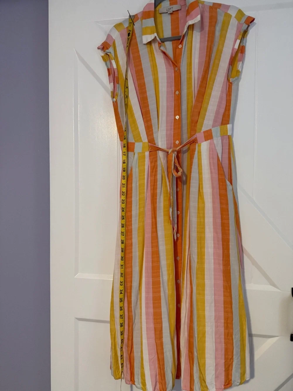LOFT Striped Button-Front Midi Dress in Pink, Orange & Mustard - Picture 8 of 10